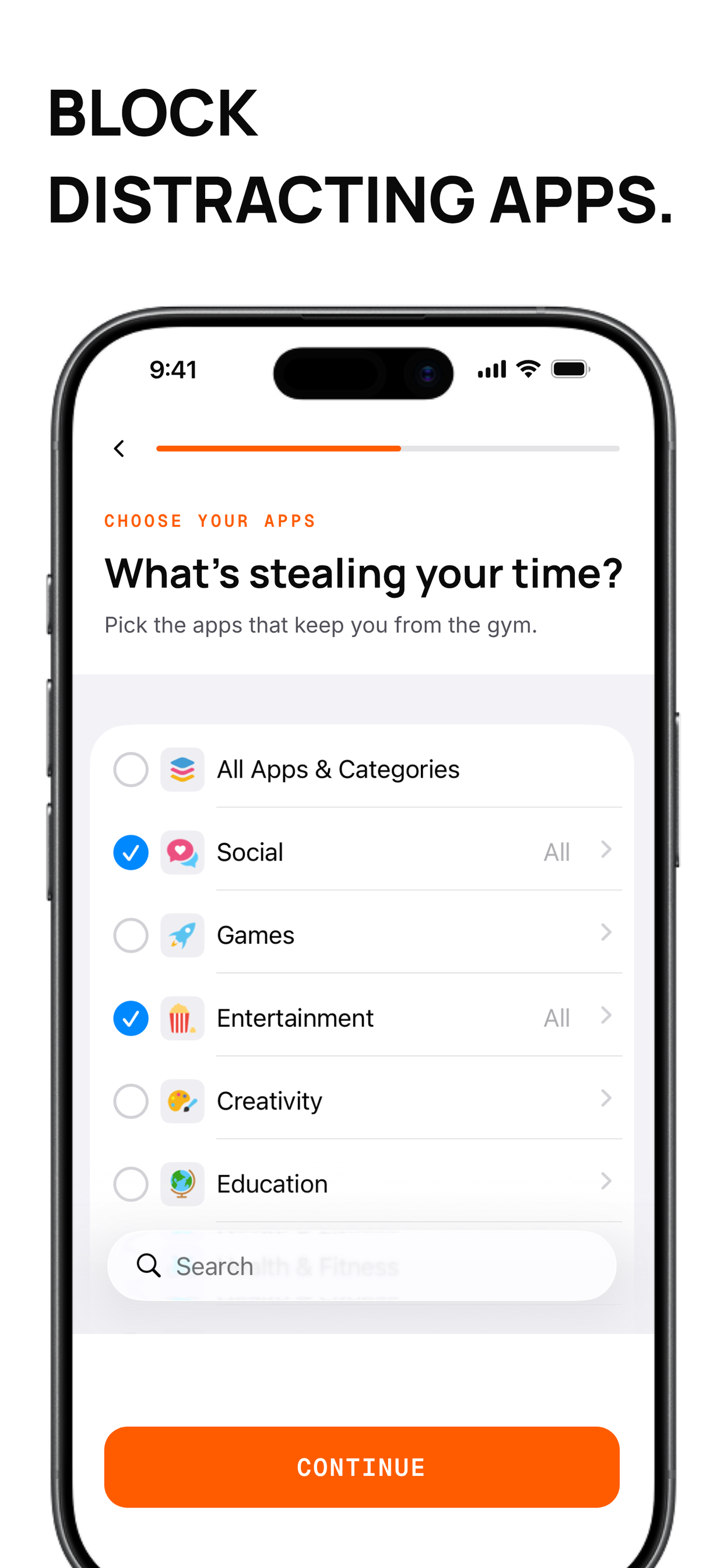 App Store screenshot showing GYMTIME's app picker for blocking distracting apps.