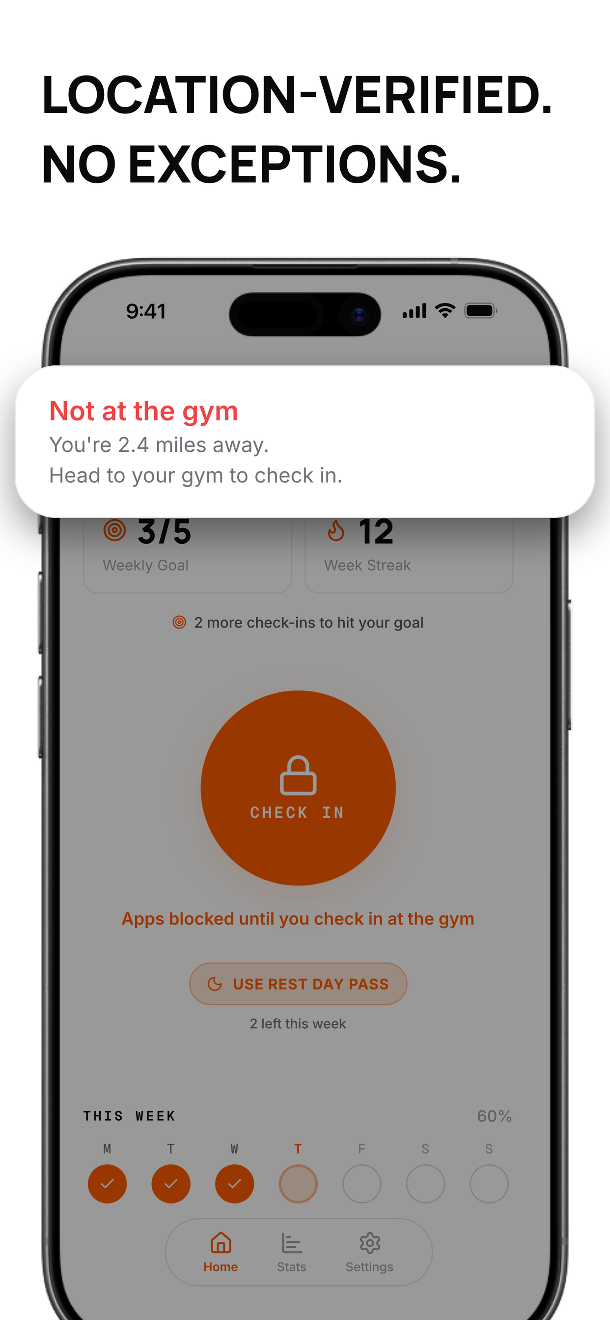 App Store screenshot showing GYMTIME requiring a location-verified gym check-in.