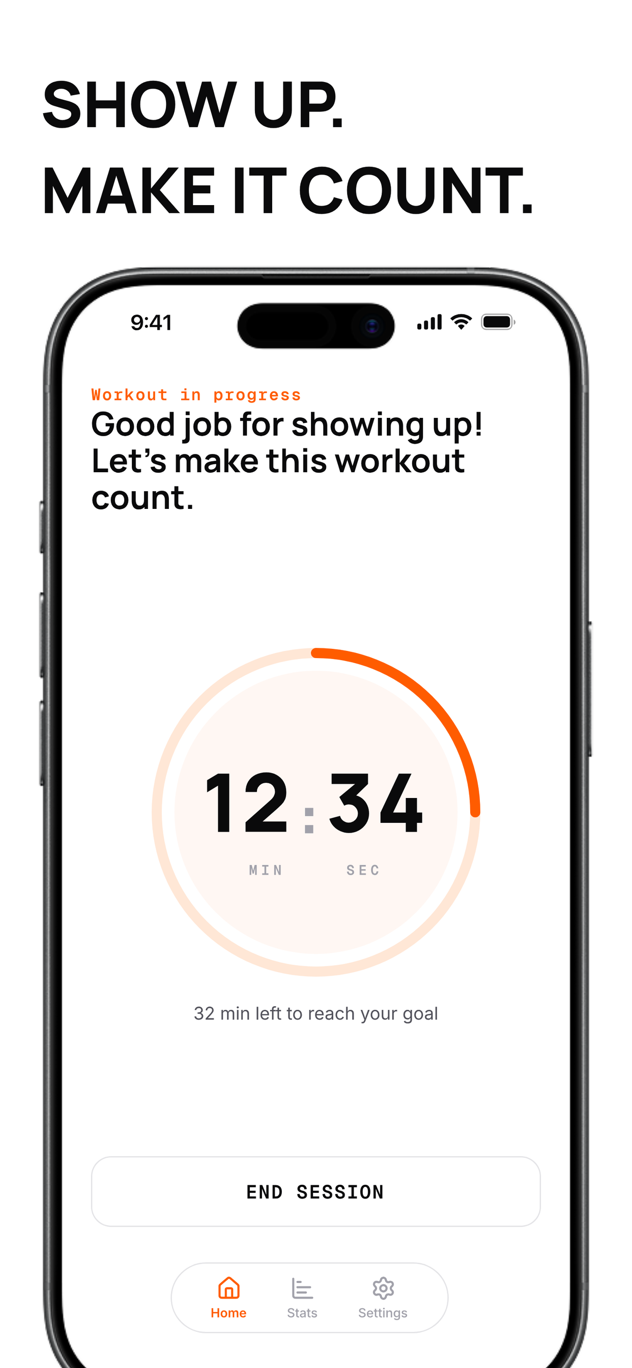 App Store screenshot showing a location-verified workout session in progress.