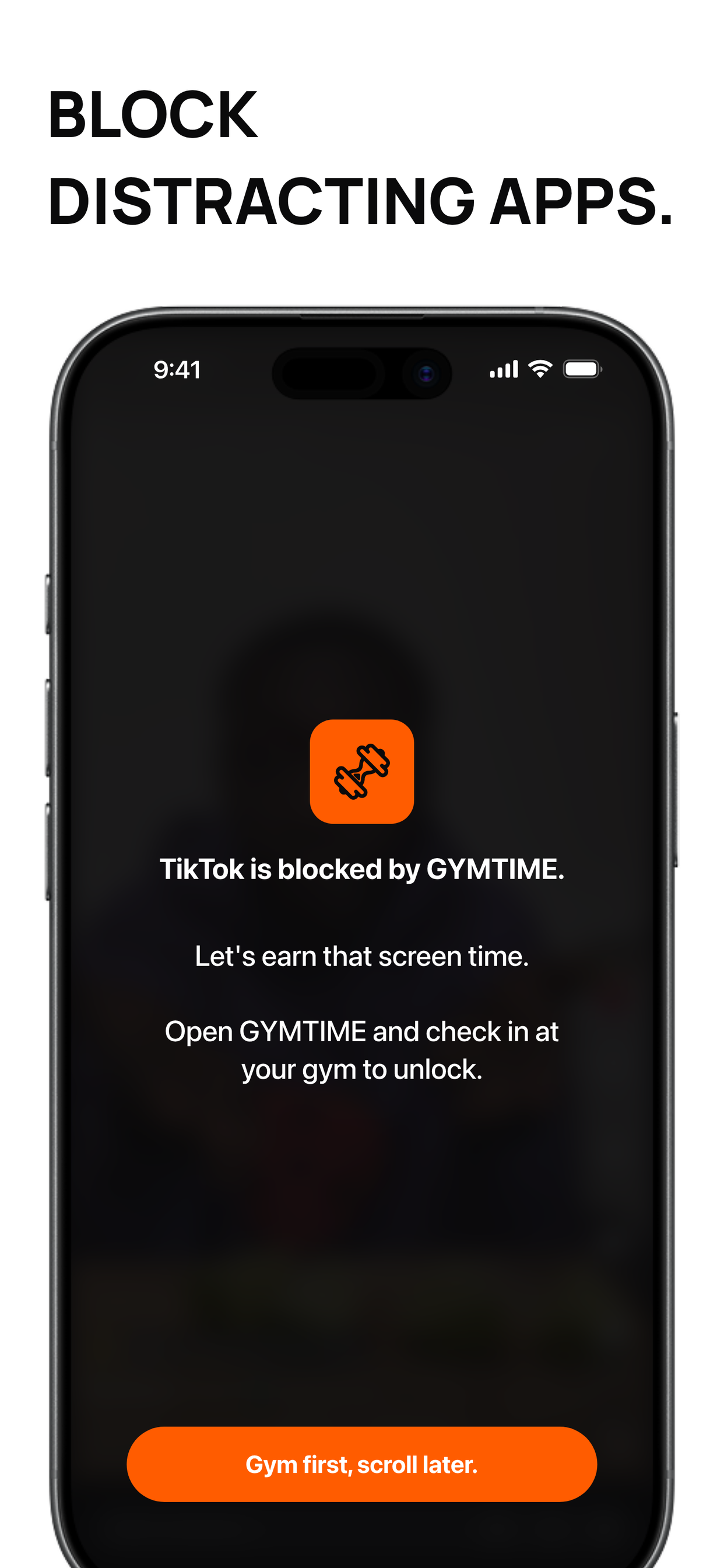 App Store screenshot showing GYMTIME blocking distracting apps.