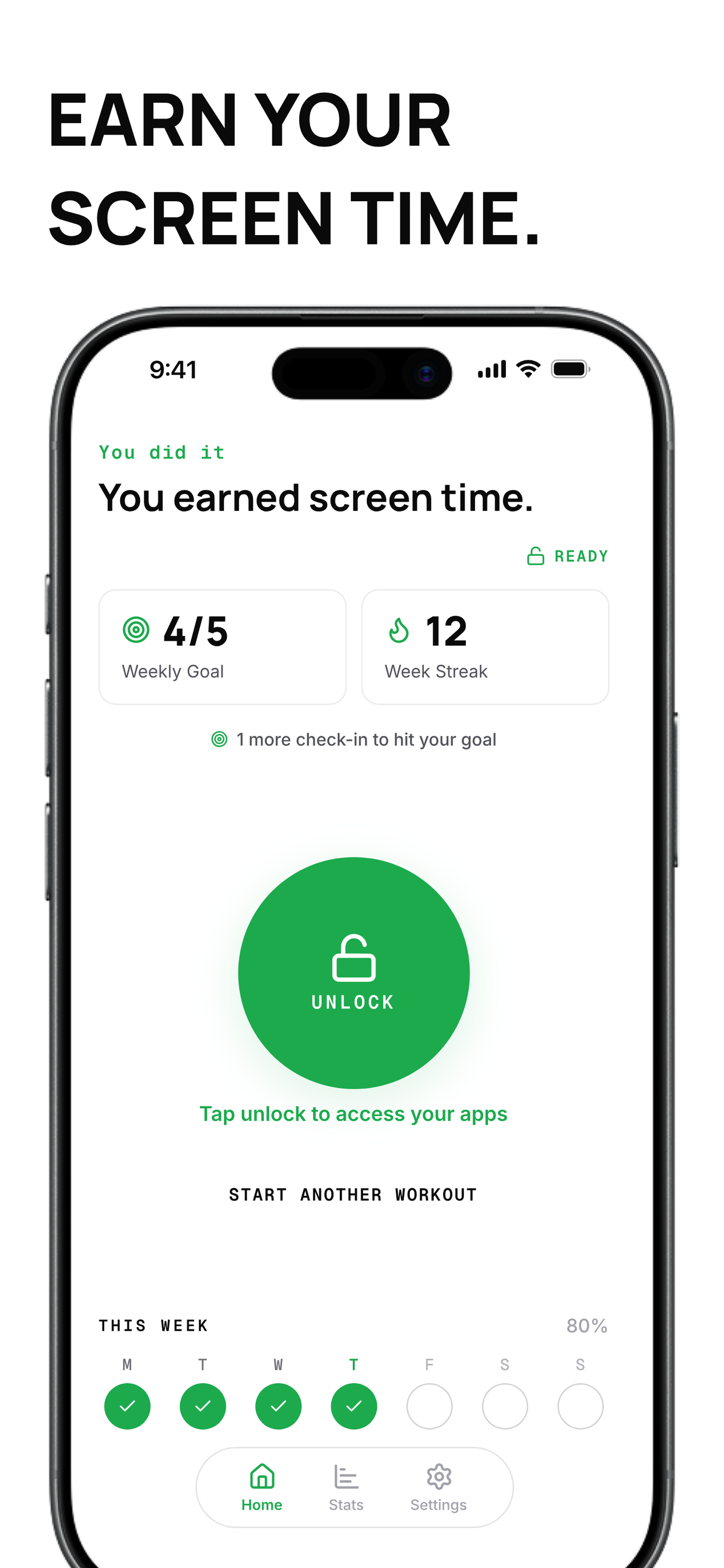 App Store screenshot showing GYMTIME unlocking screen time after a workout.